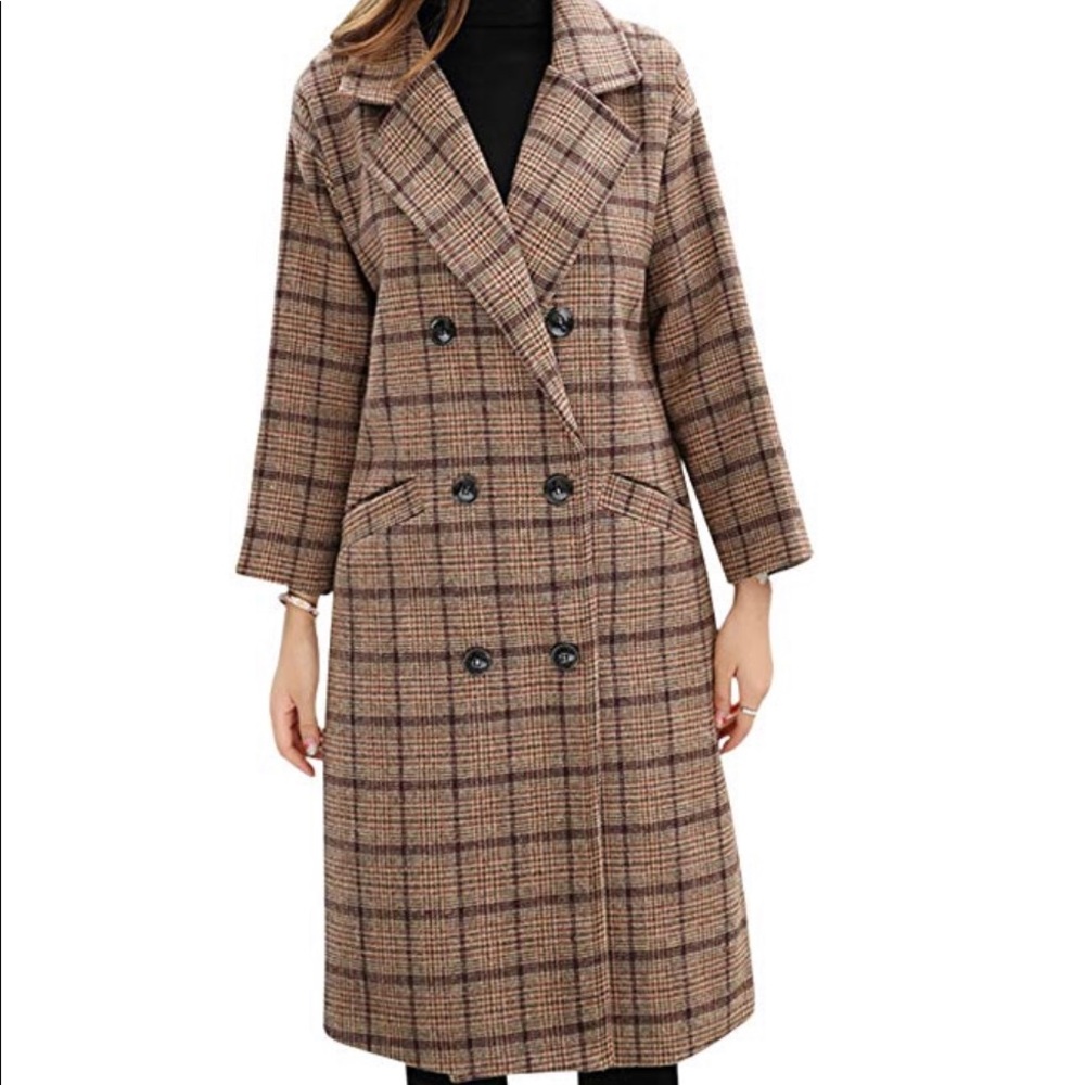 Double Breasted Plaid Wool Long Peacoat